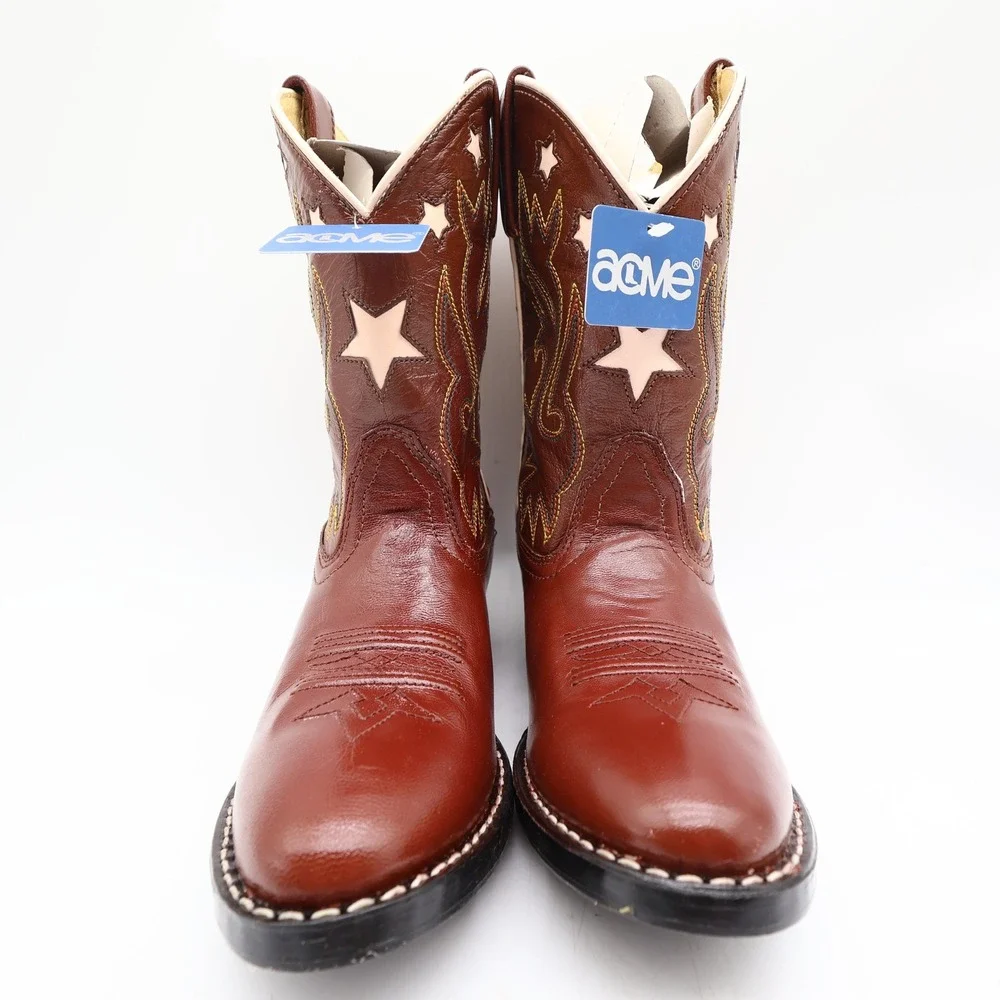 Acme Vintage Style Western Boots Kids 3 Brown Leather NWT AC146 Star Inlay
